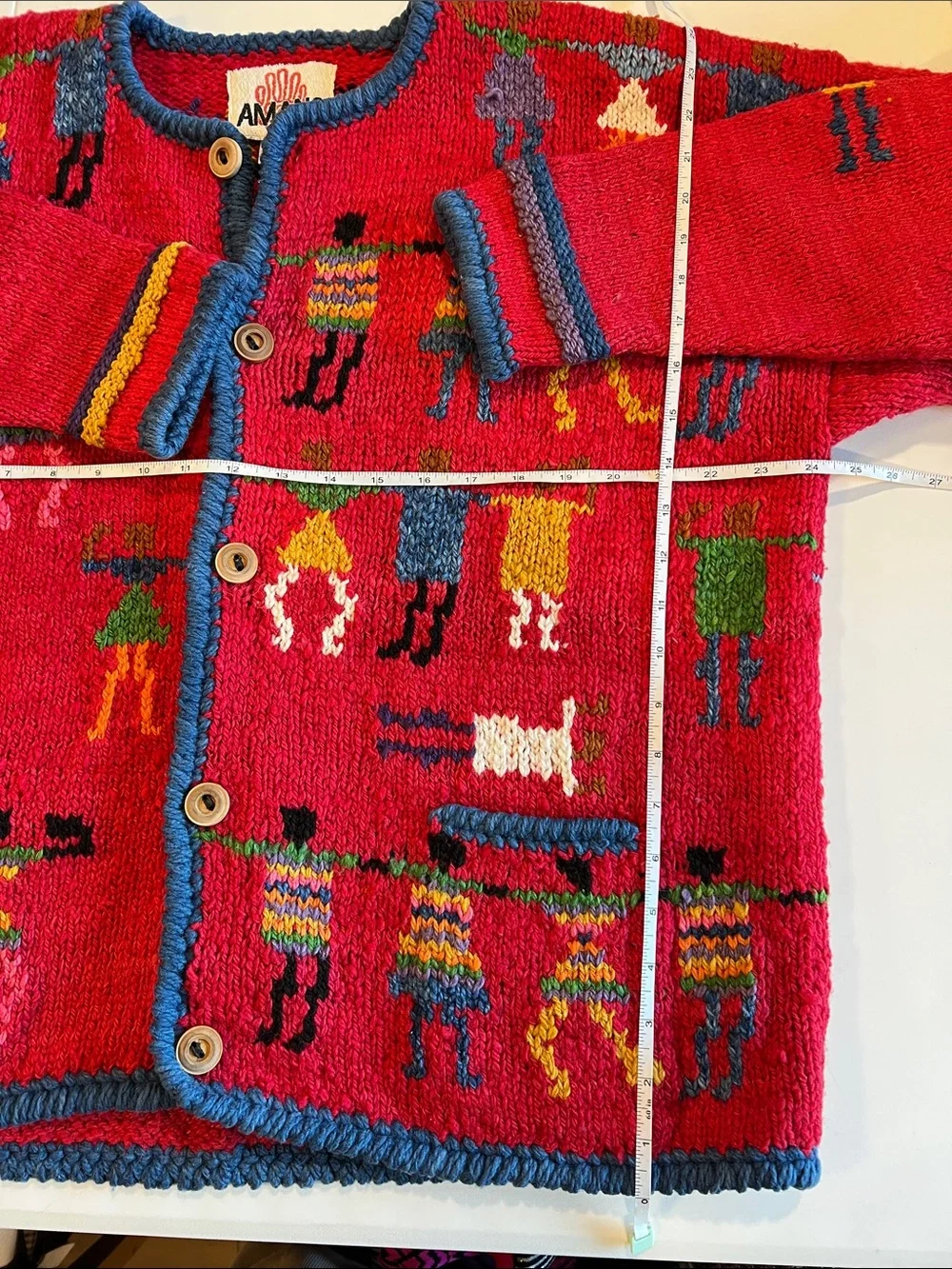 Amano - Vintage, Red Knit Folk Art Cardigan with Multicolor Figures